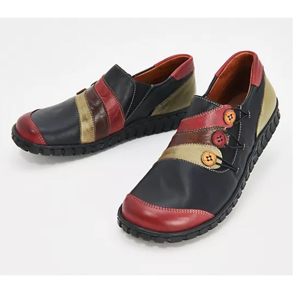 Spring Step Neeta Leather Slip-On Loafer Women 8.5 Black Red Green Button Detail - Picture 2 of 9